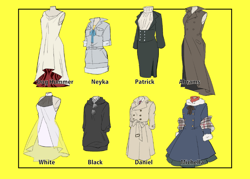 blitz_t._abrahms, brown_dress, clothes, daniel_law, doug_hammer, dress, eyewear_hang, eyewear_removed, floating_clothes, high_collar, hood, hoodie, kekkai_sensen, michella_watch, necktie, neyka_(kekkai_sensen), no_humans, patrick_(kekkai_sensen), plaid_shawl, shawl, sleeveless, sunglasses, translucent, trench_coat, white_(kekkai_sensen), white_dress, yorutsuki_(sakurekichan)
