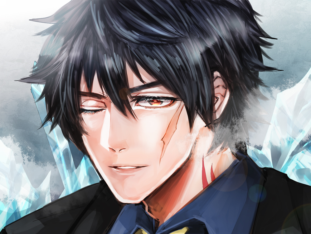 1boy, black_hair, cheekbones, eyelashes, facial_scar, formal, ice, kekkai_sensen