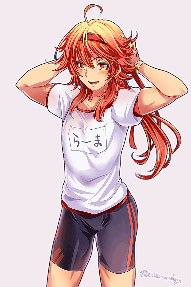 1boy, ahoge, blush, fate/grand_order, fate_(series), gradient_hair, gym_uniform, hachimaki, headband, long_hair, male_focus, mitsu_(nonoko05), multicolored_hair, orange_eyes, orange_hair, rama_(fate/grand_order), red_eyes, redhead, shorts, solo, toned, toned_male, tying_hair