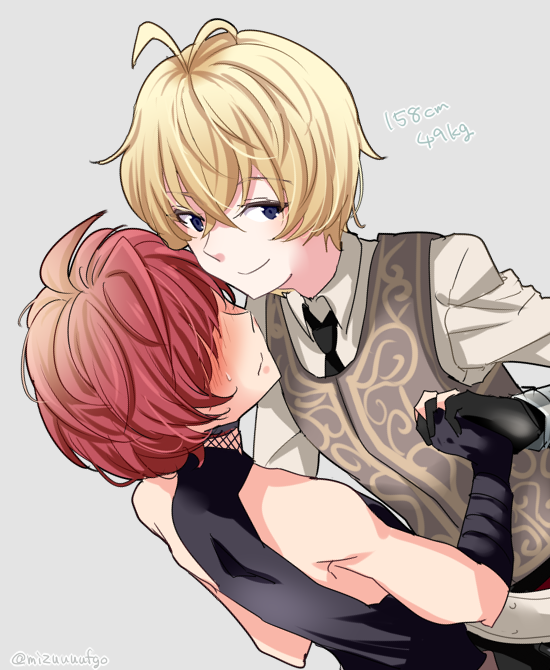 2boys, ahoge, billy_the_kid_(fate/grand_order), blonde_hair, blue_eyes, blush, dutch_angle, fishnets