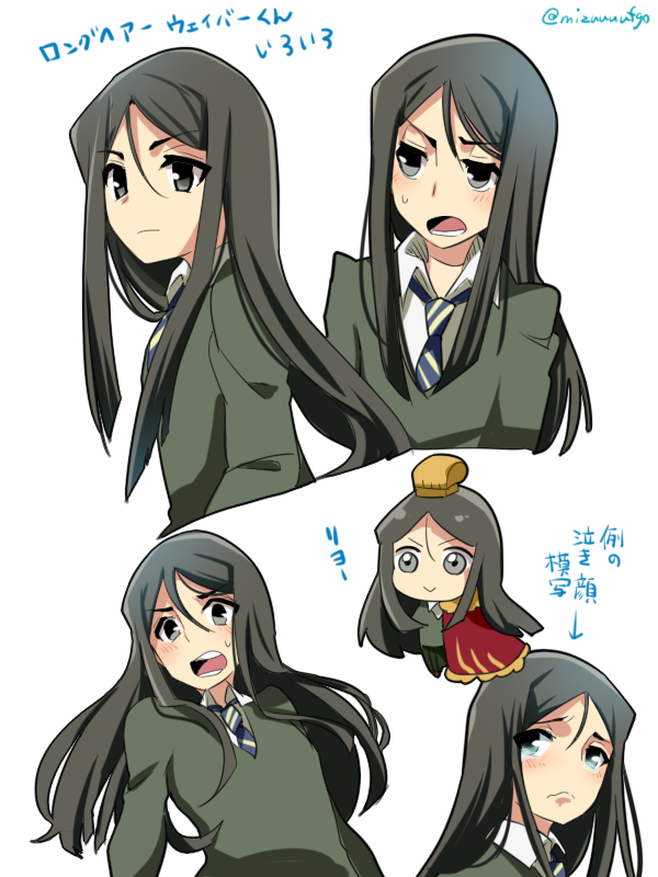 alternate_hair_length, alternate_hairstyle, androgynous, bangs, black_eyes, black_hair, blush, character_doll