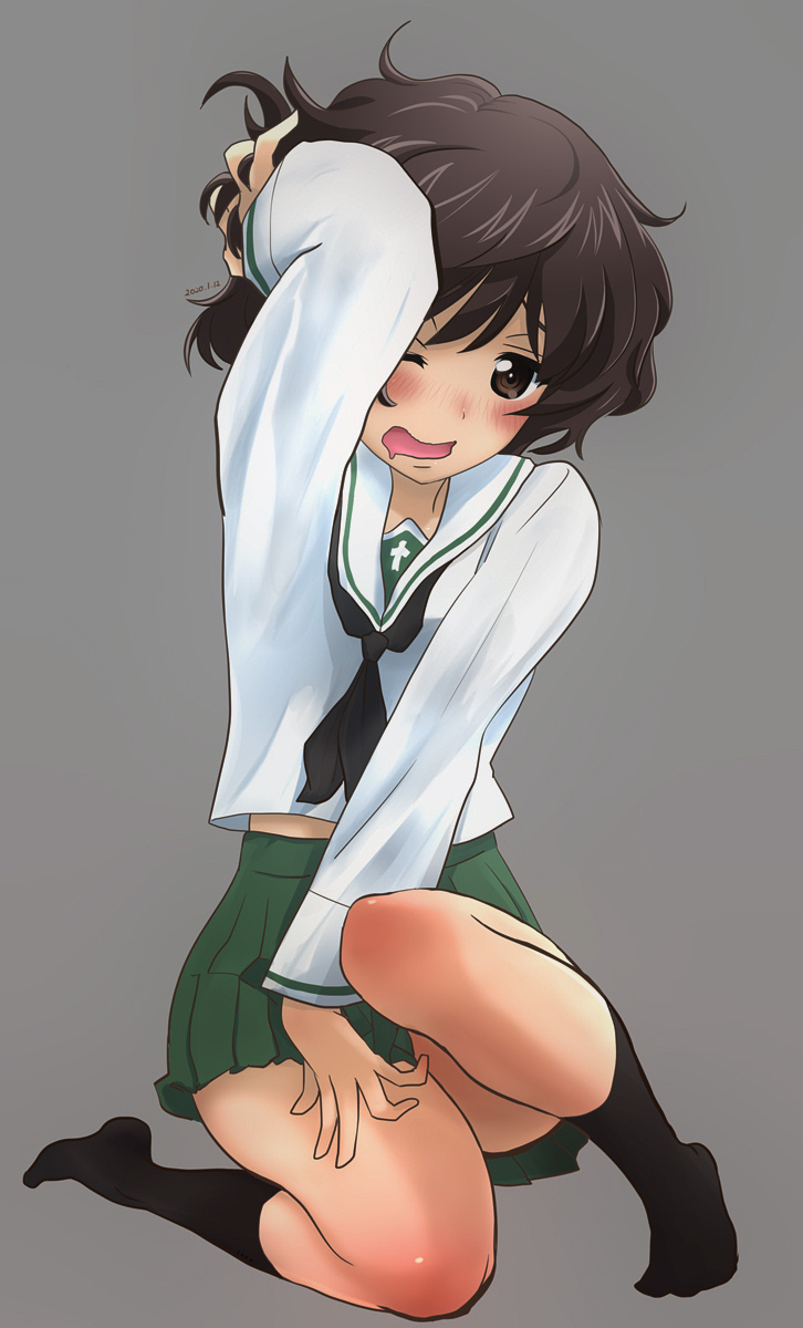 1girl, akiyama_yukari, bangs, black_legwear, black_neckwear, blouse, blush, brown_eyes