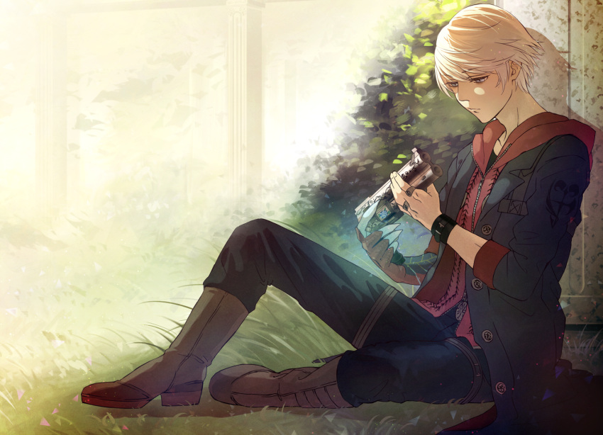 1boy, belt_buckle, blue_coat, blue_eyes, boots, bracelet, brown_footwear, buckle, closed_mouth, coat, devil_may_cry, devil_may_cry_4, eyebrows_visible_through_hair, glowing, grass, gun, handgun, holding, holding_gun, holding_weapon, jewelry, male_focus, natsu_(natsunatsu78), nero_(devil_may_cry), outdoors, pillar, plant, ring, sitting, sleeves_rolled_up, solo, thigh_strap, weapon, white_hair, zipper, zipper_pull_tab