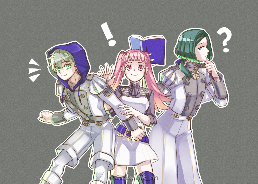 1girl, 2boys, alternate_costume, ashe_ubert, belt, book, closed_mouth, fire_emblem, fire_emblem:_three_houses, garreg_mach_monastery_uniform, green_eyes, green_hair, grey_hair, highres, hilda_valentine_goneril, holding, holding_book, hood, hood_up, larachelle, linhardt_von_hevring, long_hair, long_sleeves, multiple_boys, open_book, pink_eyes, pink_hair, short_hair, simple_background, smile, thigh-highs, twintails, twitter_username, uniform