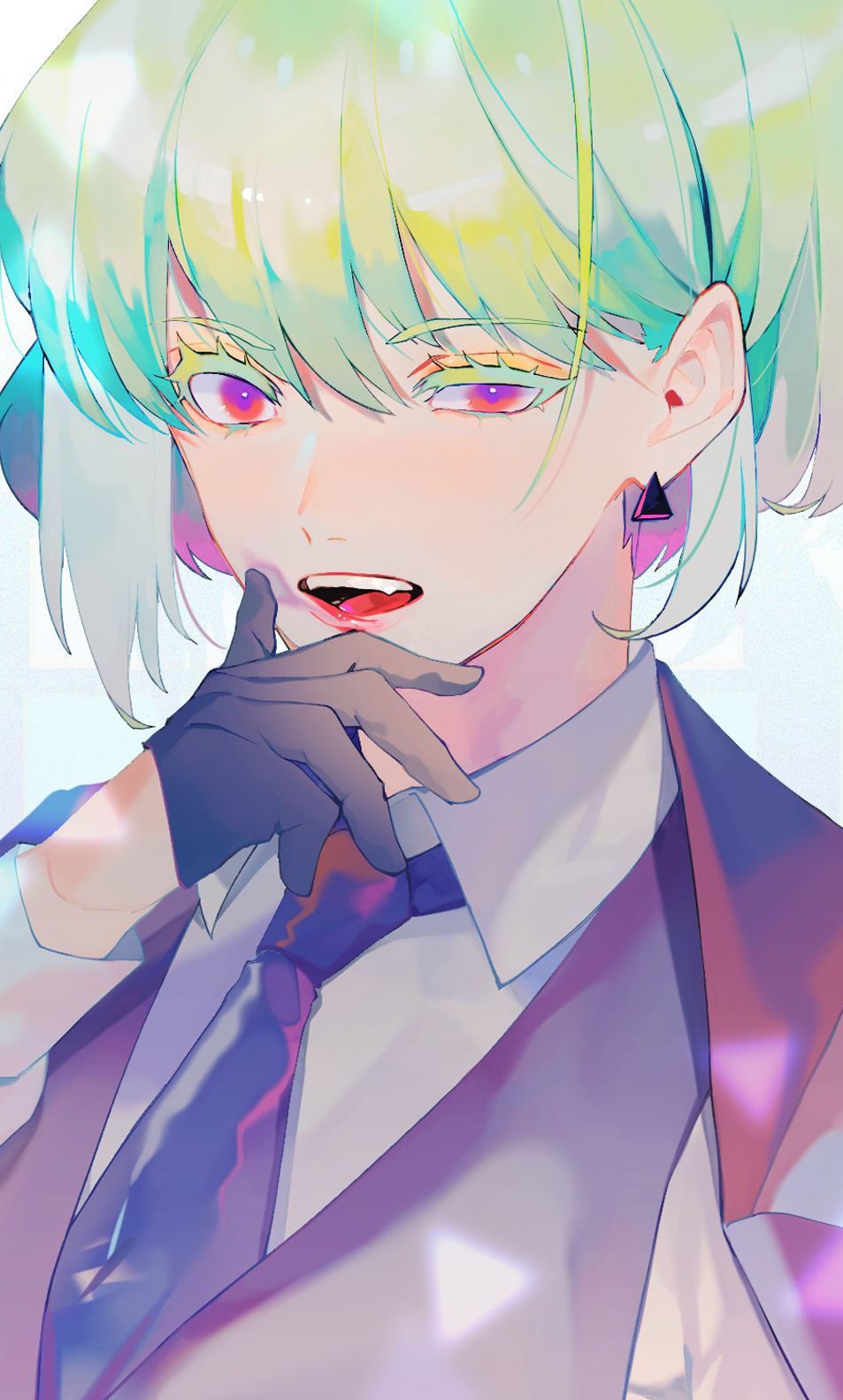 1boy, bishounen, black_gloves, butterfly39561, earrings, fangs, gloves, green_hair, half_gloves, highres, jewelry, light_green_hair, lio_fotia, lips, male_focus, necktie, open_mouth, promare, solo, violet_eyes, waistcoat