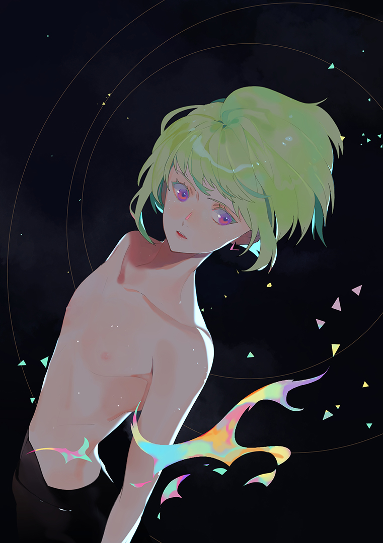 1boy, androgynous, bishounen, butterfly39561, chest, green_hair, light_green_hair, lio_fotia