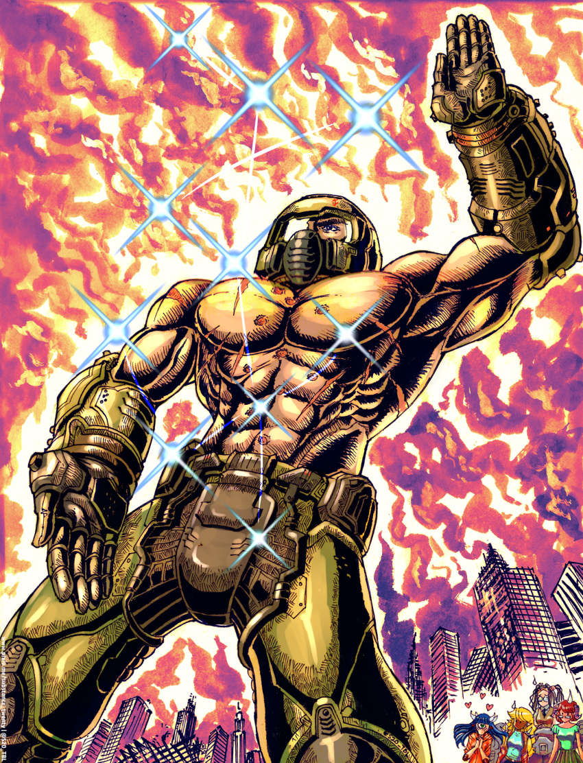 1boy, 4girls, abs, aura, cacodemon, calligraphy_brush_(medium), chest, commentary, crotch_plate, cyberdemon, cyclops, dark_skin, demon_girl, doom_(game), doomguy, english_commentary, fighting_stance, fusion, gloves, hara_tetsuo_(style), heart, heart-shaped_pupils, helmet, highres, hokuto_no_ken, imp_(doom), kenshirou, male_focus, manly, monster_girl, multiple_girls, muscle, one-eyed, pants, parody, pectorals, personification, power_armor, scar, shirtless, sparkle, substance20, symbol-shaped_pupils