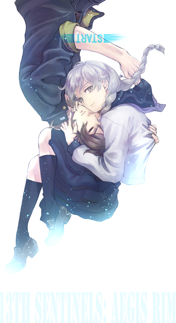 2boys, black_skirt, braid, brown_hair, closed_eyes, copyright_name, gakuran, juusan_kihei_bouei_ken