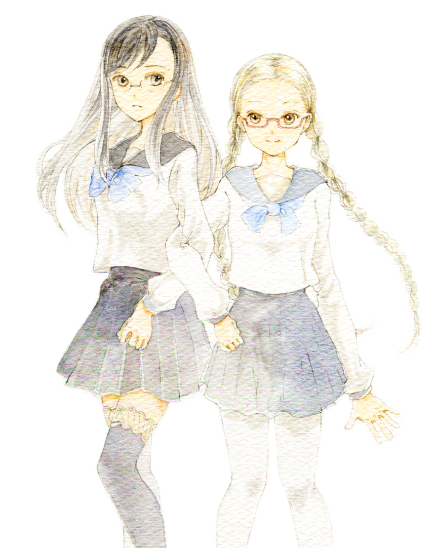 2girls, black_hair, black_legwear, blue_bow, bow, braid, brown_eyes, fujita_yuuya