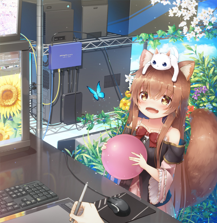 1girl, 1other, :o, animal, animal_ear_fluff, animal_ears, animal_on_head, ball