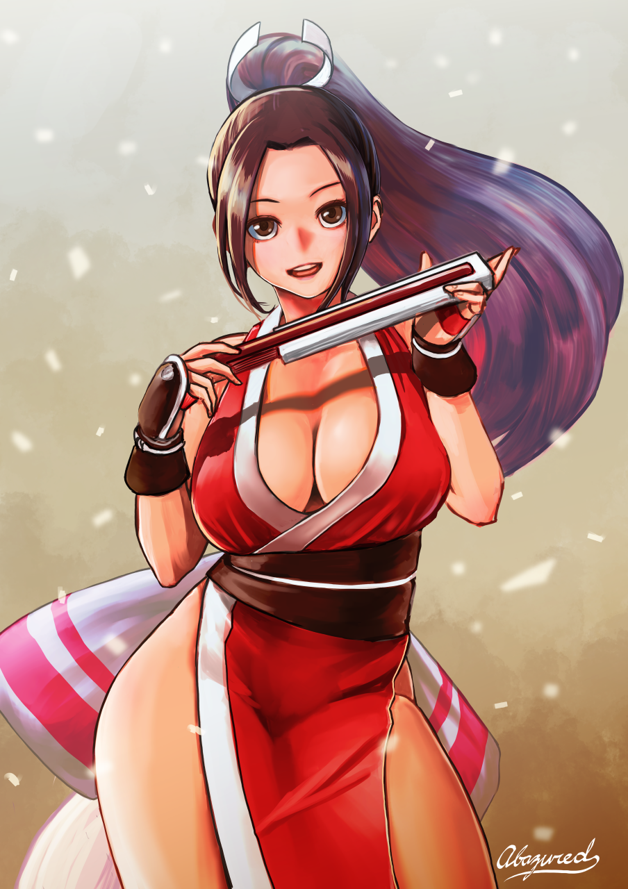 1girl, abazu-red, breasts, brown_eyes, closed_fan, cowboy_shot, fan, fatal_fury