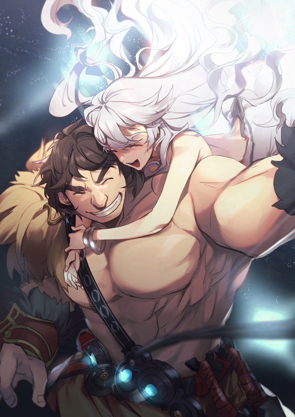 1boy, 1girl, artemis_(fate/grand_order), bangs, bare_shoulders, belt, blush, breasts, brown_hair, chest, closed_eyes, dress, fate/grand_order, fate_(series), gloves, highres, jewelry, large_breasts, long_hair, muscle, no-kan, open_mouth, orion_(fate/grand_order), orion_(super_archer)_(fate), shirtless, smile, thick_eyebrows, white_hair