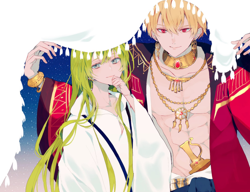 2boys, abs, blonde_hair, blue_pants, bracelet, closed_mouth, earrings, enkidu_(fate/strange_fake)