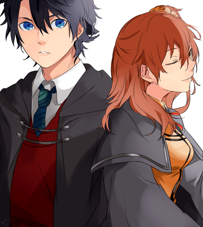 1boy, 1girl, alternate_hair_length, alternate_hairstyle, black_hair, blue_eyes, breasts, commentary