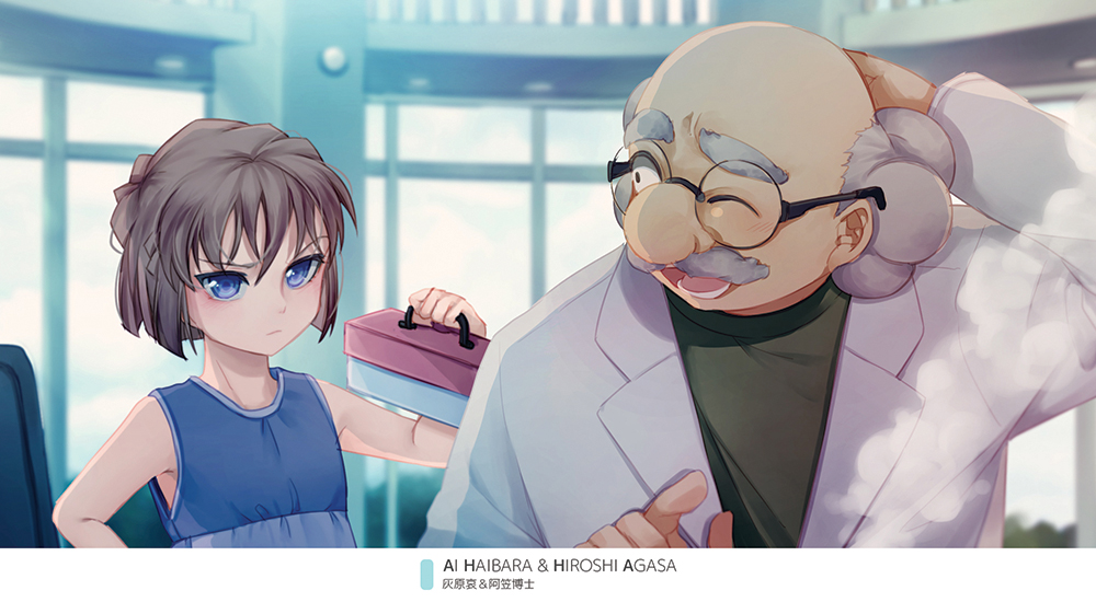 1boy, 1girl, ;d, agasa_hiroshi, arm_behind_head, bald, bangs, blue_shirt