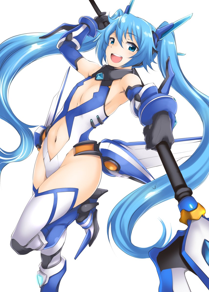 1girl, :d, armored_boots, armpits, bangs, bare_shoulders, blue_eyes, blue_hair, blush, boots, breasts, cleavage_cutout, commentary_request, elbow_gloves, eyebrows_visible_through_hair, faulds, gloves, gorget, hair_between_eyes, headgear, highres, hisakawa_chin, holding, holding_weapon, leg_lift, leotard, long_hair, looking_at_viewer, looking_to_the_side, navel, navel_cutout, open_mouth, ore_twintail_ni_narimasu, polearm, revealing_clothes, round_teeth, simple_background, small_breasts, smile, solo, tail_blue, teeth, thigh-highs, twintails_day, vambraces, very_long_hair, weapon, white_background