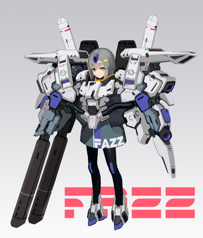 1girl, armor, beam_cannon, coat, fazz_(gundam), full_body, green_eyes, grey_background