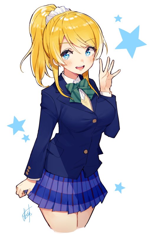 1girl, ayase_eli, bangs, blazer, blonde_hair, blue_eyes, blush, bow