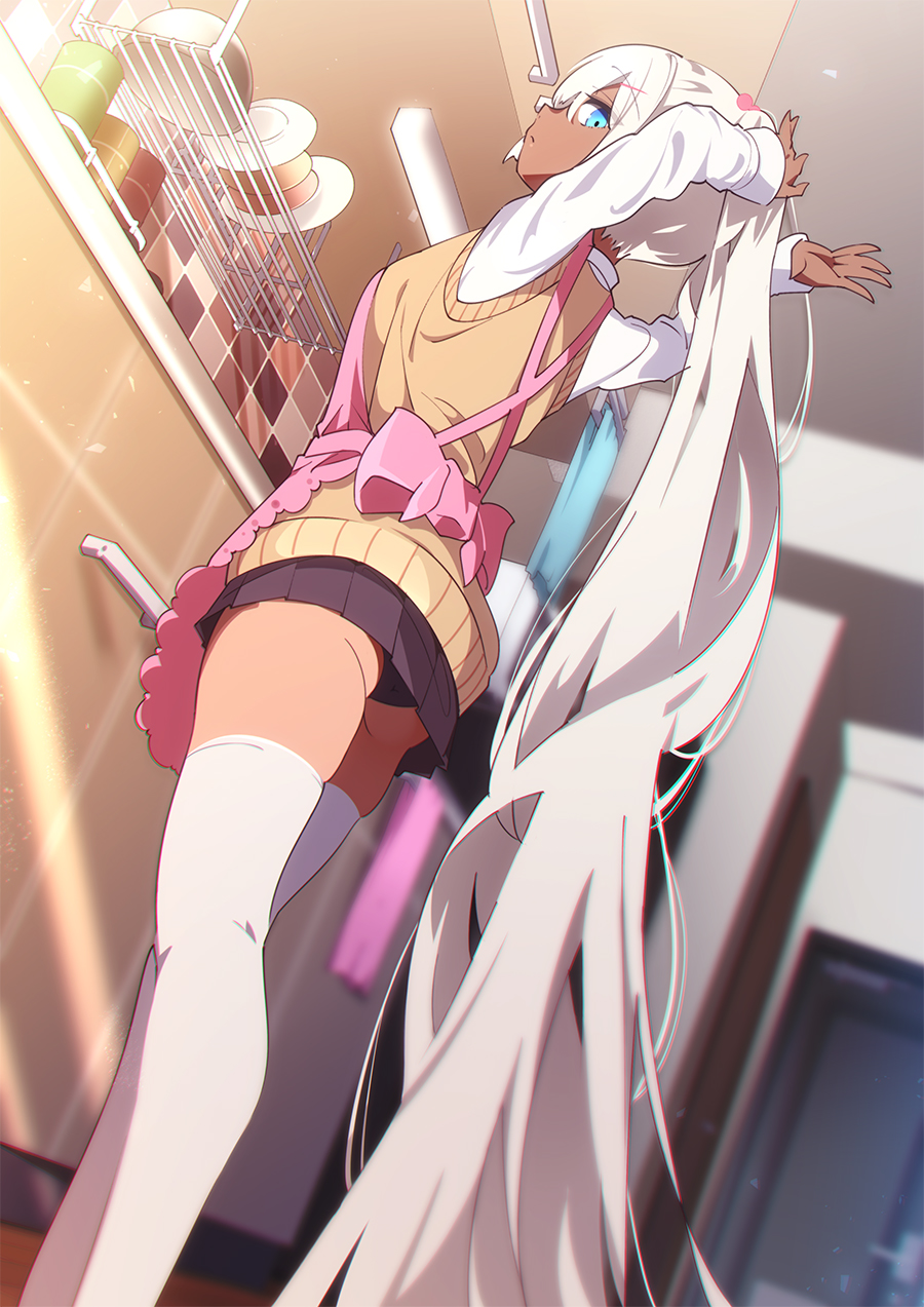 1girl, adjusting_hair, apron, arms_behind_head, ass, back, black_panties, blush