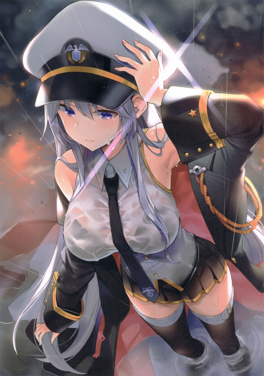 1girl, absurdres, arm_up, armpits, azur_lane, bangs, belt, black_bra