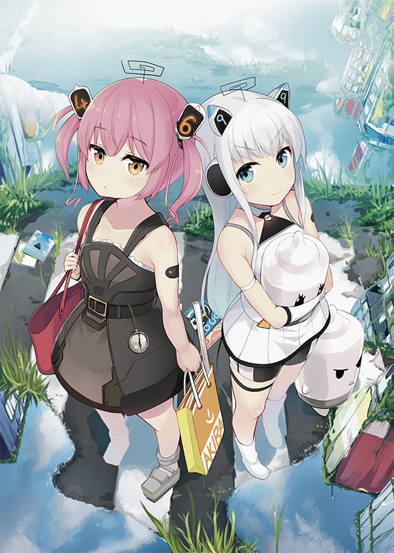 >:), 2girls, akicolle, animal_ears, bag, bangs, bare_arms, bare_shoulders