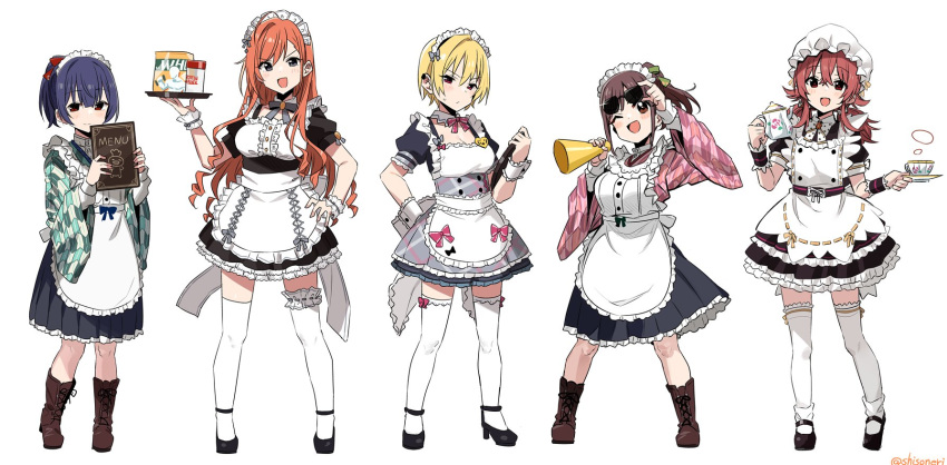 5girls, apron, arisugawa_natsuha, black_eyes, blonde_hair, blue_hair, boots, bow