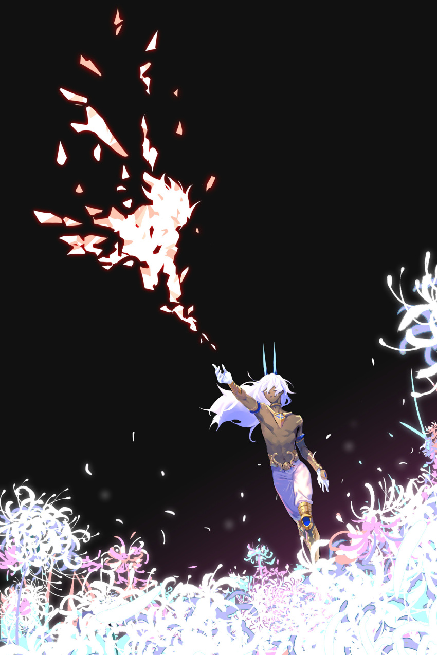 1boy, 676643396dolce, absurdres, arjuna_alter, arm_up, chest, collar, dark_skin