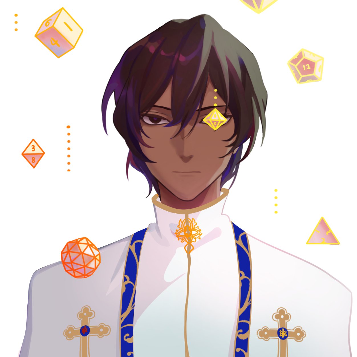 1boy, 676643396dolce, arjuna_(fate/grand_order), bishounen, brown_eyes, brown_hair, cross, cube