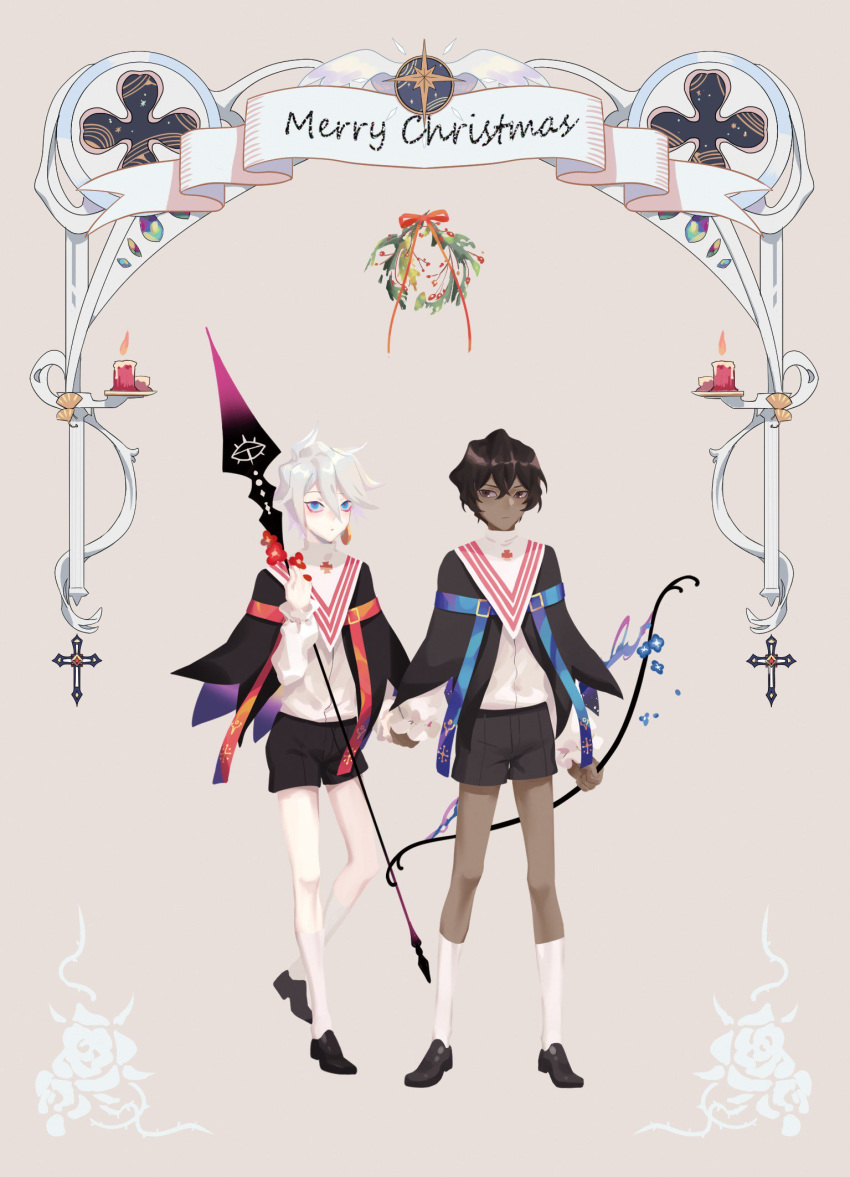 2boys, 676643396dolce, applying_makeup, arjuna_(fate/grand_order), black_hair, candle, dark_skin, dark_skinned_male, fate/apocrypha, fate/grand_order, fate_(series), hair_ornament, highres, japanese_clothes, kanzashi, karna_(fate), kimono, makeup_brush, male_focus, multiple_boys, paintbrush, red_nails, white_hair, wide_sleeves