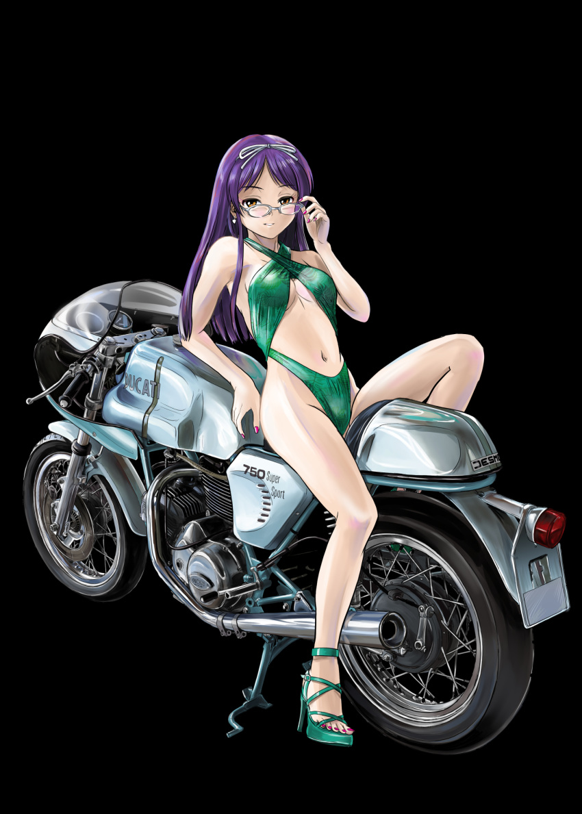 1girl, adjusting_eyewear, bakuon!!, black_background, casual_one-piece_swimsuit, commentary_request, ducati, ducati_750ss