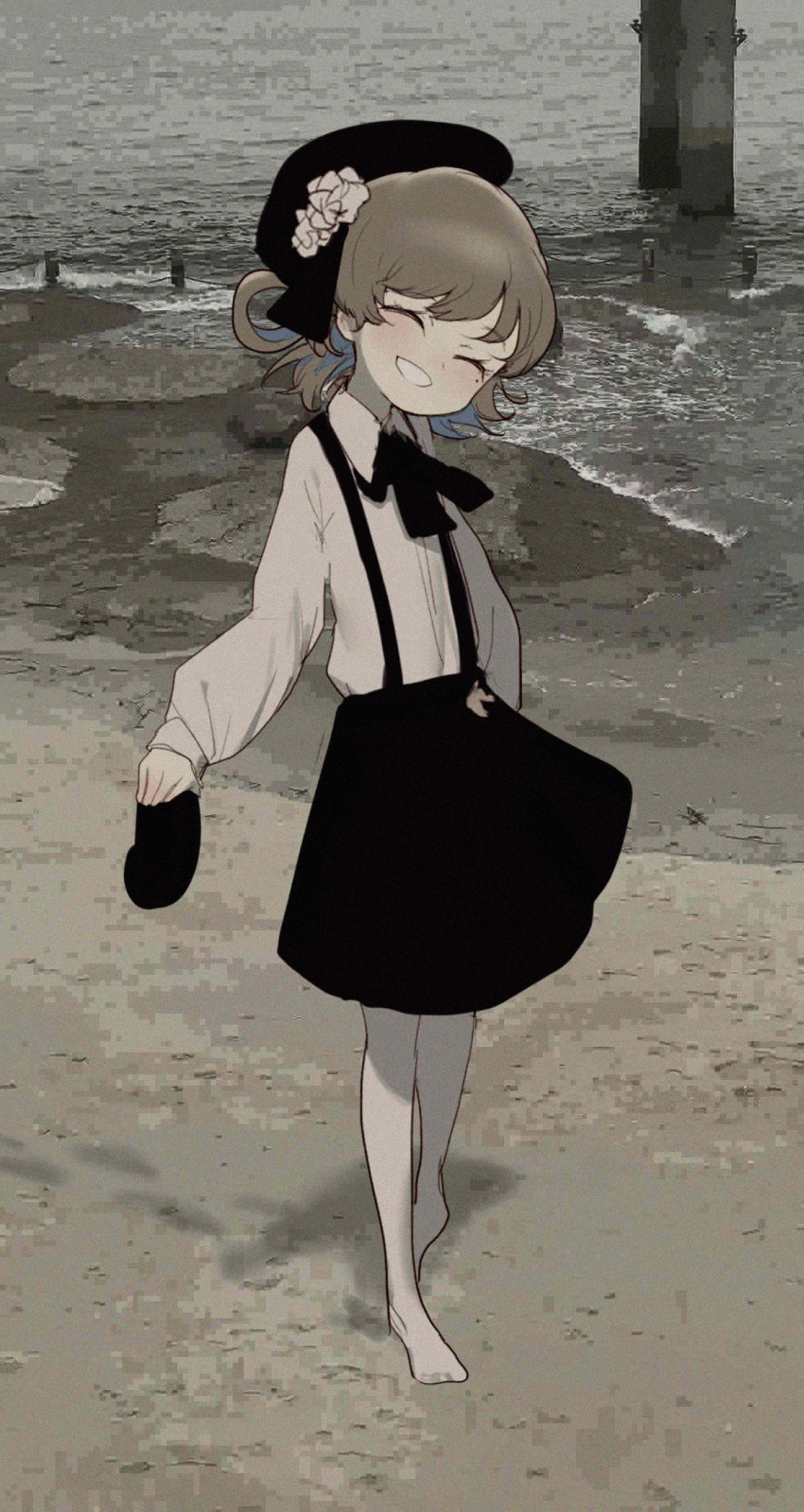 1girl, ^_^, bare_legs, barefoot, beach, beret, black_headwear, black_skirt