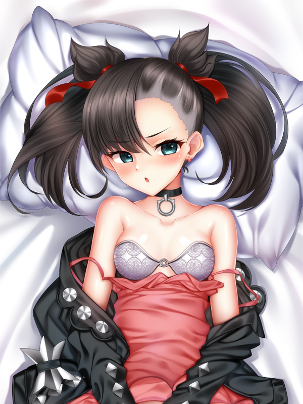 1girl, aqua_eyes, asymmetrical_bangs, asymmetrical_hair, bangs, bare_shoulders, black_choker, black_hair