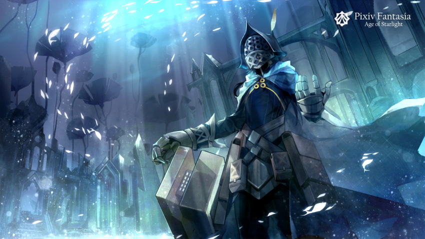 armor, blue_cape, cape, copyright_name, gauntlets, hat_feather, helmet, highres