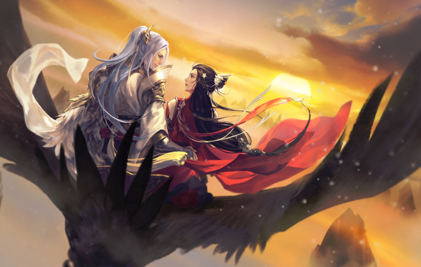 1boy, 1girl, bird, black_hair, bridal_gauntlets, character_request, chinese_clothes, ching_nu_yu_hun