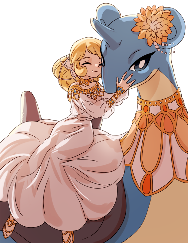 1girl, ^_^, april_(halogenkn), black_eyes, blonde_hair, closed_eyes, creature, dress