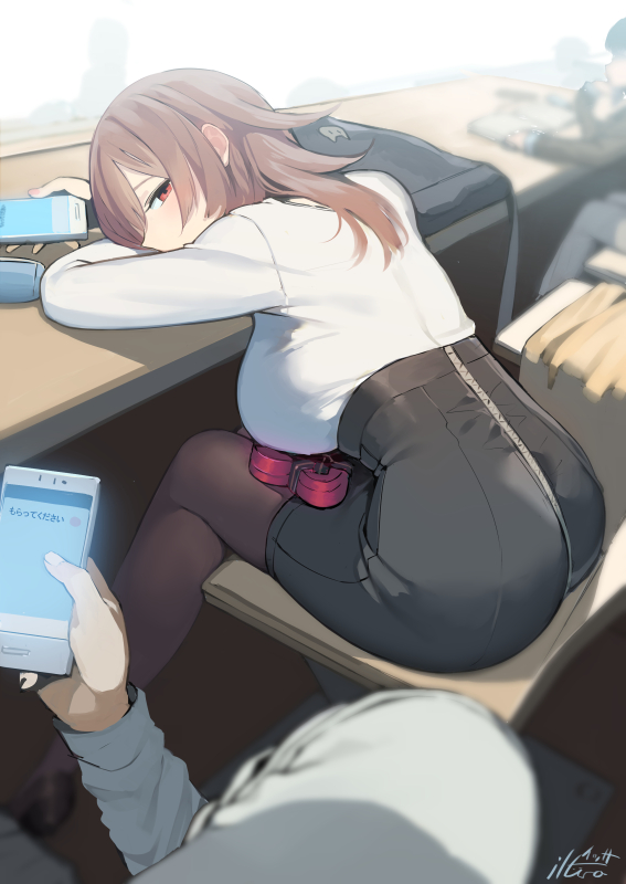 1girl, arm_rest, artist_name, ass, black_legwear, black_skirt, box, breasts, brown_hair, cellphone, chair, counter, heart-shaped_box, high-waist_skirt, iltusa, large_breasts, long_sleeves, looking_at_viewer, medium_hair, miniskirt, original, pantyhose, phone, pov, red_eyes, shirt, signature, skirt, smartphone, solo_focus, tote_bag, translated, valentine, white_shirt, zipper, zipper_skirt