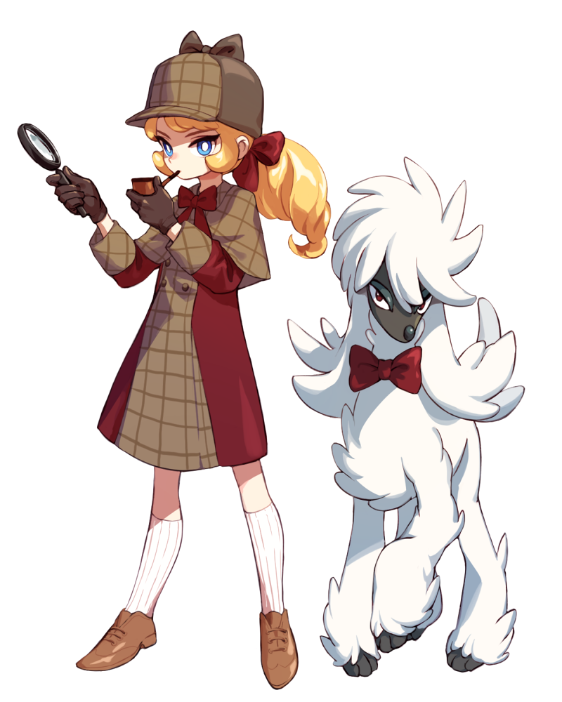 1girl, april_(halogenkn), black_gloves, brown_footwear, brown_ribbon, commentary, creature, deerstalker