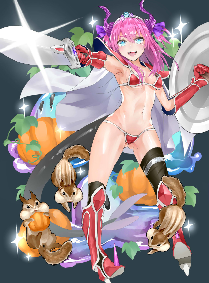 1girl, :d, aqua_eyes, arm_guards, armor, armored_boots, armpits, ass_visible_through_thighs, bangs, bikini, bikini_armor, black_legwear, blush, boots, breasts, cape, dragon_tail, elbow_gloves, elizabeth_bathory_(brave)_(fate), elizabeth_bathory_(fate)_(all), eyebrows_visible_through_hair, fate/grand_order, fate_(series), full_body, gauntlets, gloves, hair_between_eyes, hair_ribbon, halloween, highres, holding, holding_shield, holding_sword, holding_weapon, horns, knee_boots, looking_at_viewer, loose_bikini, medium_hair, navel, noinoise, open_mouth, pauldrons, pink_hair, pumpkin, red_bikini, ribbon, shield, shiny, shiny_hair, shiny_skin, silver_trim, small_breasts, smile, solo, squirrel, standing, stomach, swimsuit, sword, tail, thigh-highs, thighs, tiara, two_side_up, v-shaped_eyebrows, wardrobe_malfunction, weapon, white_cape