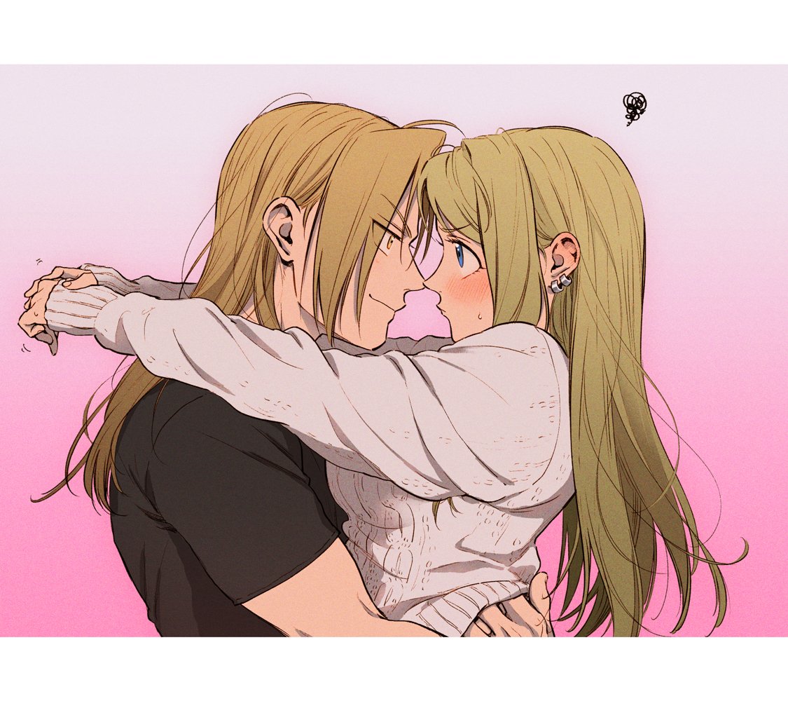 1boy, 1girl, arms_around_waist, black_shirt, blonde_hair, blue_eyes, blush, border
