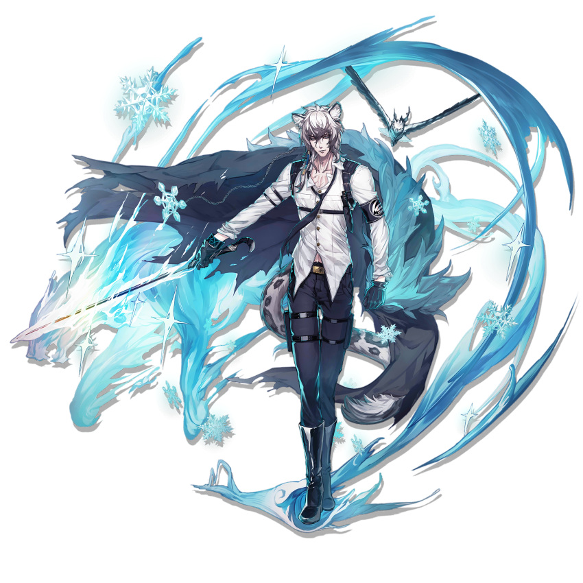 1boy, animal_ear_fluff, animal_ears, arknights, bangs, bird, black_cape, black_footwear