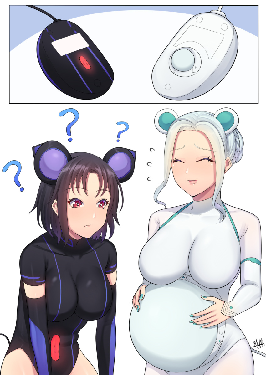 2girls, ?, ^_^, animal_ears, aqua_nails, band-width, black_gloves, black_hair, black_leotard, bodysuit, braid, breasts, closed_eyes, elbow_gloves, fake_animal_ears, french_braid, gloves, hairband, hands_on_own_stomach, highres, large_breasts, leotard, medium_breasts, mouse_(computer), mouse_ears, multiple_girls, orb, original, os-tan, personification, pregnant, red_eyes, short_hair, silver_hair, skin_tight