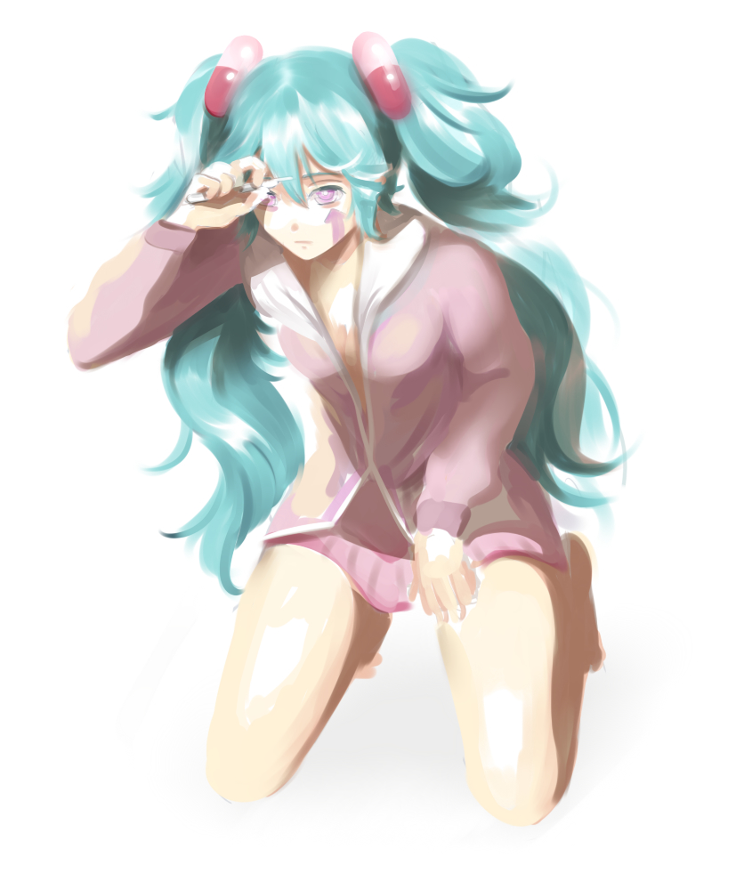 aqua_hair, arrow, commentary, expressionless, facial_tattoo, full_body, hair_ornament, hands_up
