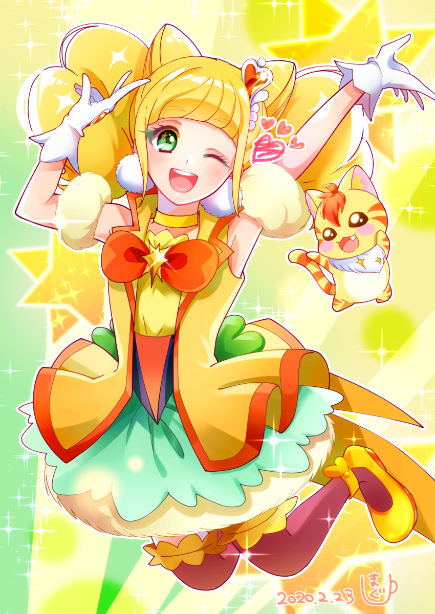 1girl, ;d, blonde_hair, cat, choker, coat, commentary_request, cure_sparkle
