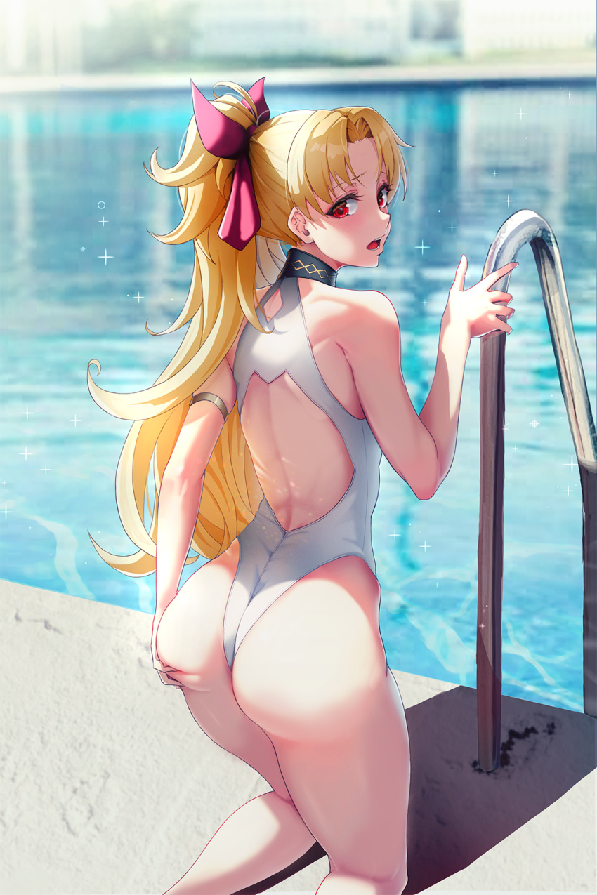 1girl, armlet, ass, back, bangs, bare_shoulders, blonde_hair, blush, competition_swimsuit, day, ereshkigal_(fate/grand_order), fate/grand_order, fate_(series), from_behind, happymonk, highleg, highleg_swimsuit, highres, kneeling, long_hair, looking_at_viewer, looking_back, one-piece_swimsuit, outdoors, parted_bangs, ponytail, pool_ladder, poolside, red_eyes, solo, swimsuit, thighs, wedgie