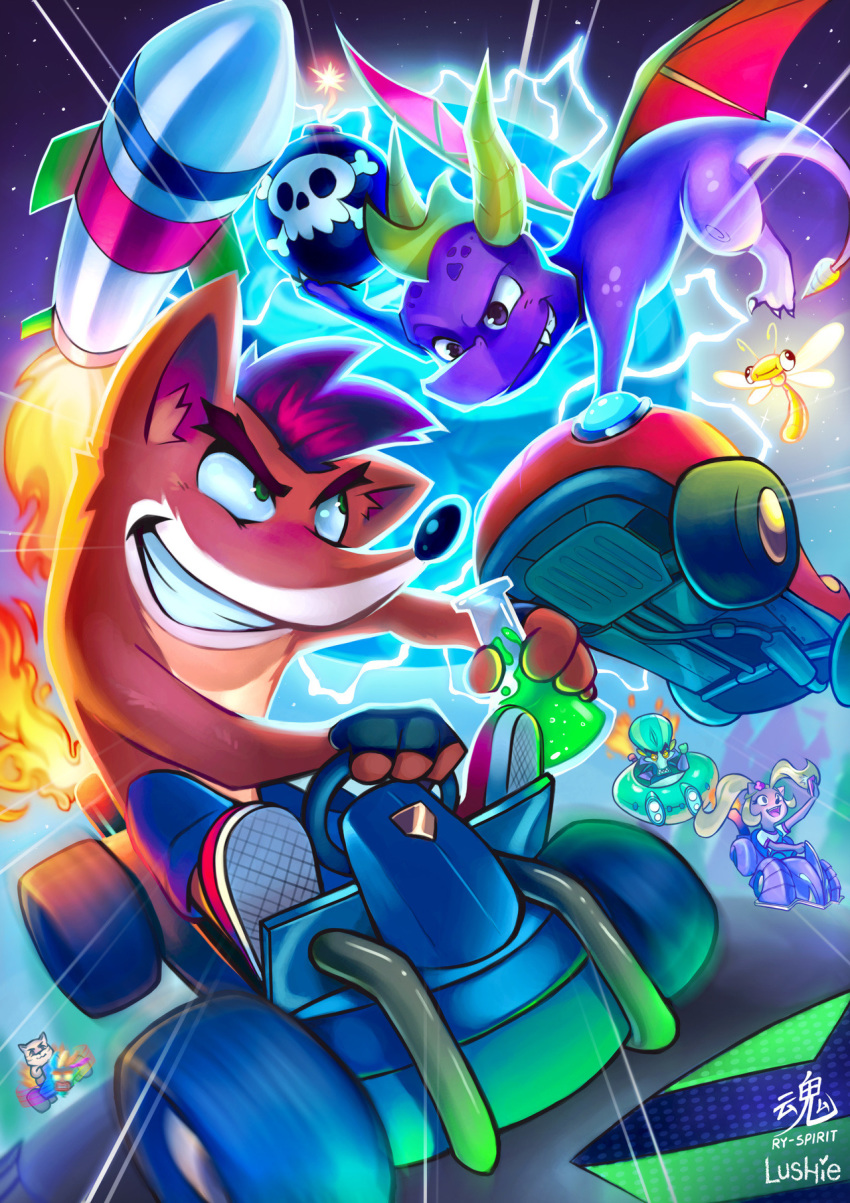 bomb, bomber_jacket, bug, collaboration, commentary, crash_bandicoot, crash_bandicoot_(character), dragon