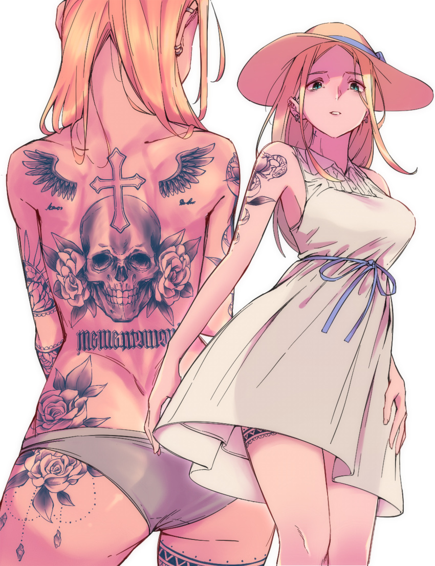 1girl, absurdres, arm_tattoo, ass, back_tattoo, bags_under_eyes, blonde_hair, blue_eyes