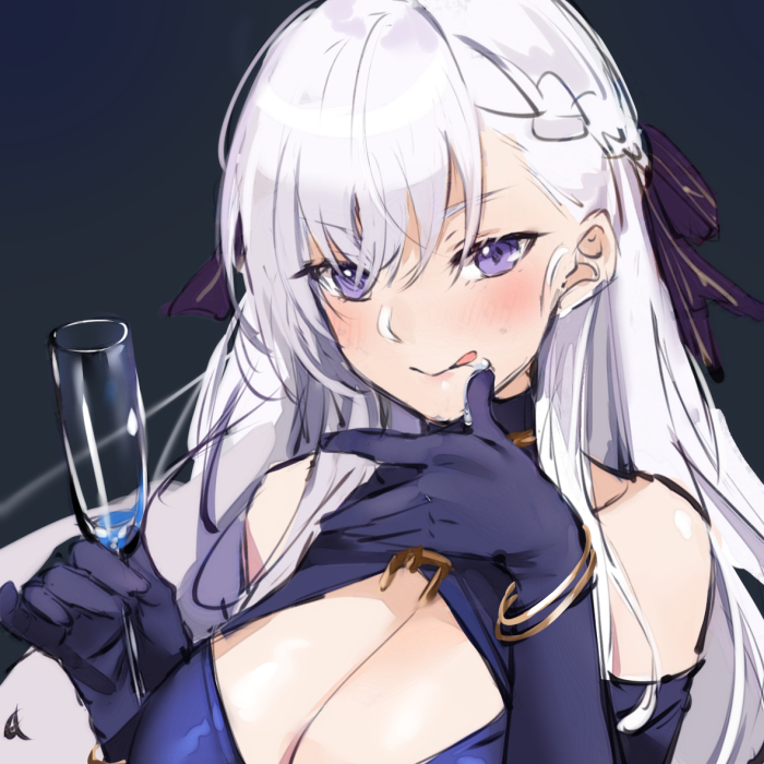1girl, alcohol, azur_lane, bangs, bare_shoulders, belfast_(the_noble_attendant)_(azur_lane), black_background, blush