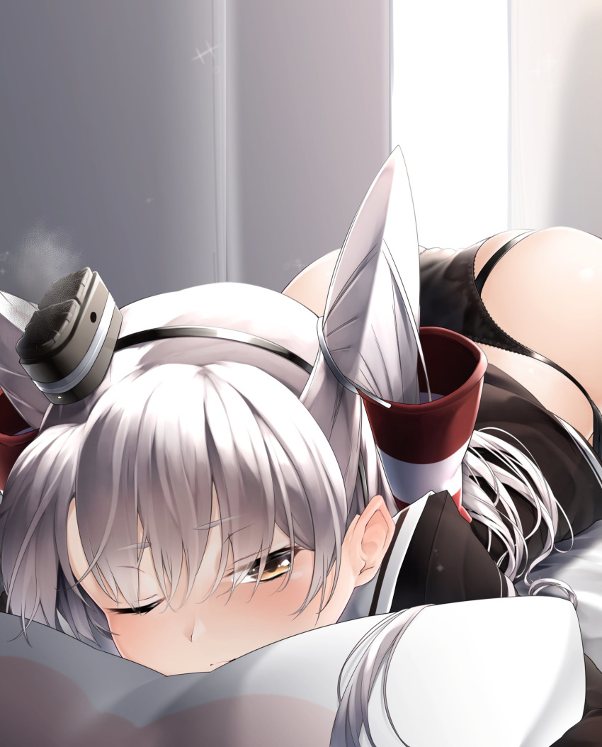 1girl, amatsukaze_(kantai_collection), ass, black_panties, blush, brown_dress, brown_eyes, couch