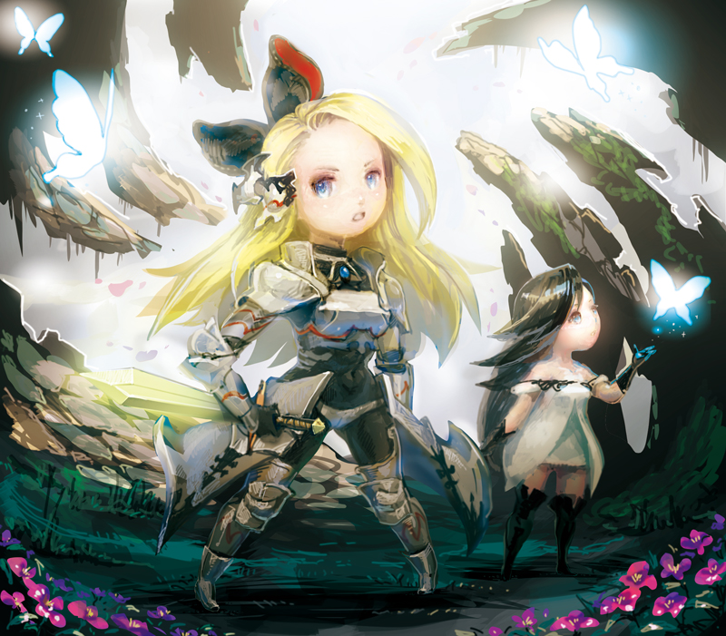 2girls, agnes_oblige, armor, black_hair, blonde_hair, blue_eyes, bodystocking, bow
