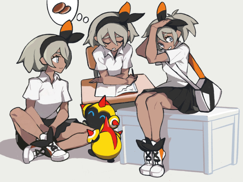1girl, bag, crossed_legs, dark_skin, desk, falinks, gen_8_pokemon, gratin_gratin, grey_eyes, grey_hair, hairband, highres, pen, pleated_skirt, pokemon, pokemon_(game), pokemon_swsh, saitou_(pokemon), school_bag, school_desk, shirt, sitting, skirt, sleeping, smile, white_shirt